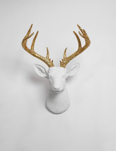glitter deer head wall mount, white deer head hanging with gold glitter faux deer antlers