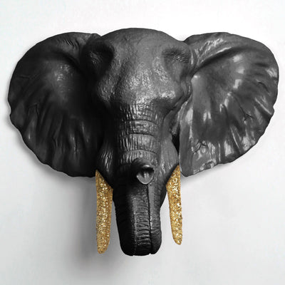 The Tolsby in Black w/ Gold Glitter | Elephant Head Wall Mount Faux Taxidermy | Boho Decor
