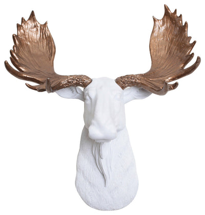 Bronze resin antlers & mini white moose head wall mount by White Faux Taxidermy
