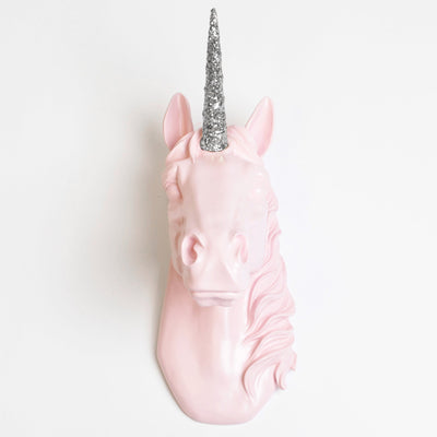 Back in Stock! The Bayer in Cameo & Silver Glitter | Large Chic Unicorn Decor, Faux Wall Mount