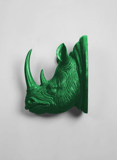 XL Kelly Resin Rhino Head - The Goliath in Green - White Faux Taxidermy - Faux Taxidermy - Resin Faux Taxidermy- Chic Rhino Sculpture