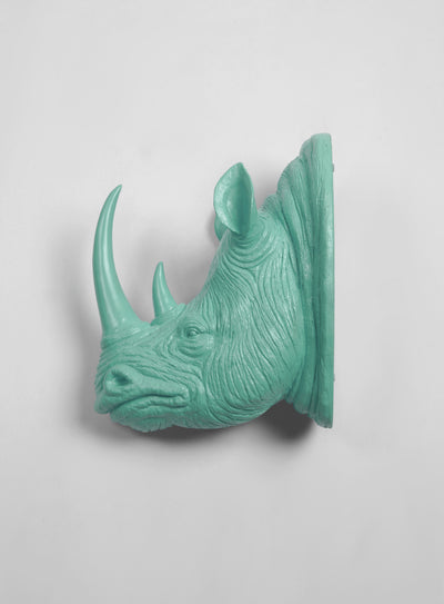 XL Resin Rhino Head - The Goliath in Seafoam Green - White Faux Taxidermy - Faux Taxidermy - Resin Faux Taxidermy- Chic Rhino Sculpture