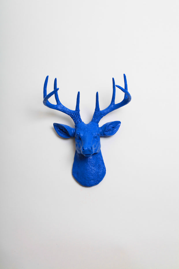 Blue Mini Stag Head Wall Mount. blue ceramic-like resin mini mounted deer head sculpture wall decor