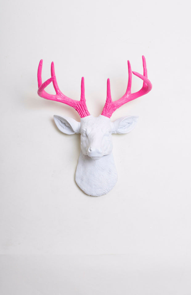 White & Pink Deer Head Wall Mount, Mini Boris. mini white resin deer head sculpture & pink antler decor wall hanging 