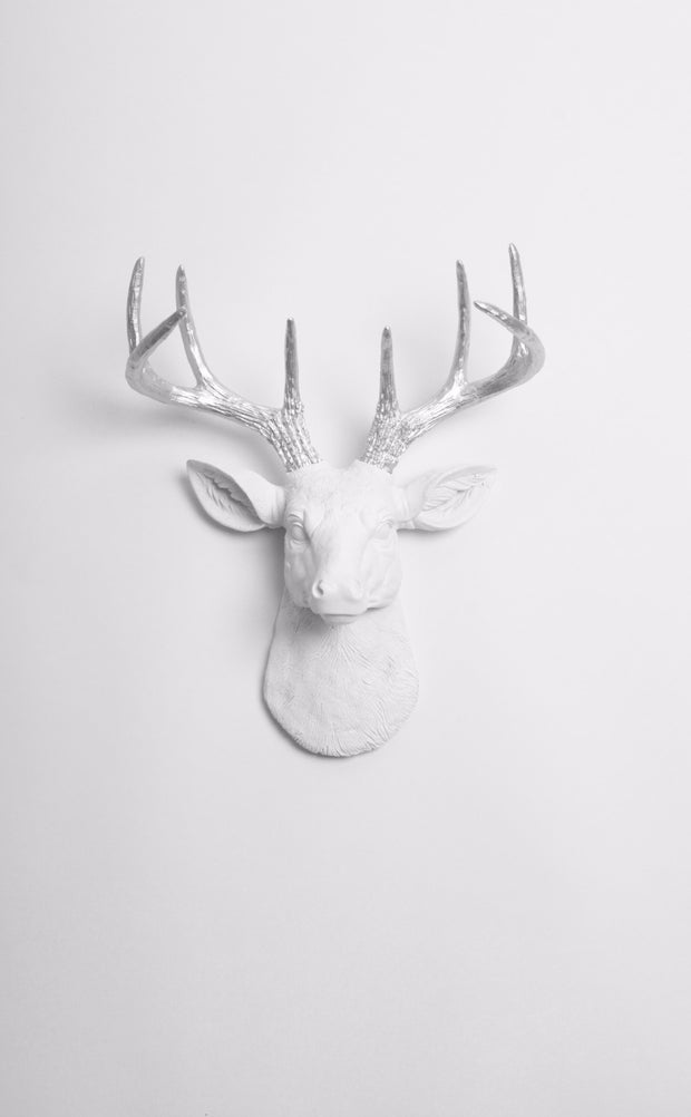 Mini Chrome Faux Antlers & White Deer Head Wall Mount