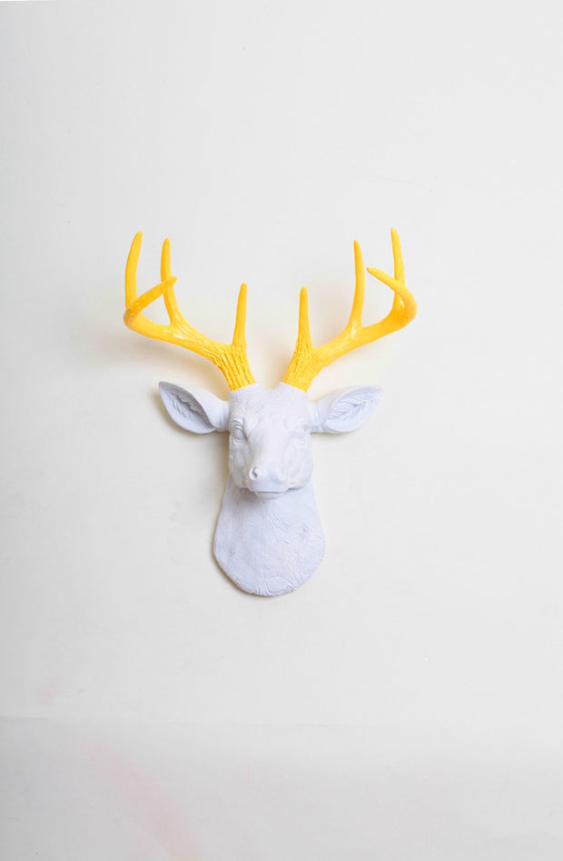 Mini Yellow Stag Head Wall Mount, White Head + Yellow Faux Antlers. mini white resin deer head sculpture & yellow antler decor wall hanging 