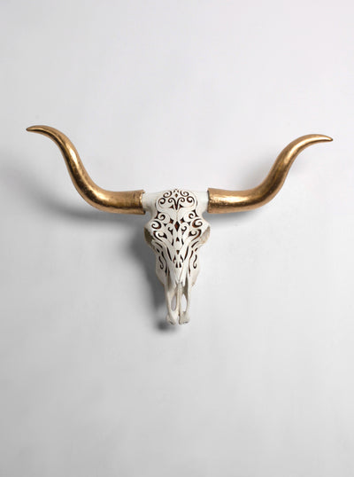 Filigree Cow skull Wall Mount with Gold Horns