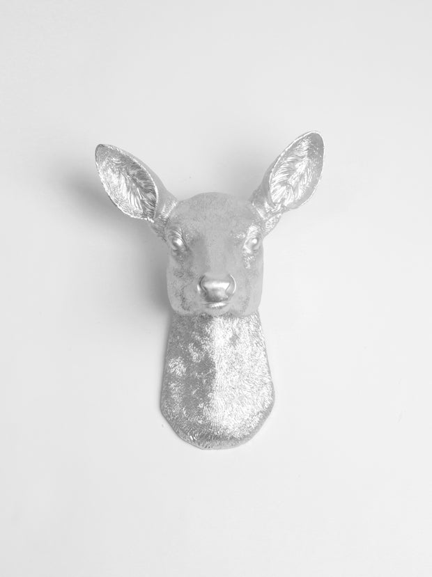 Aluminum / Silver Resin faux doe deer head without antlers wall sculpture by White Faux Taxidermy. Silver Faux Doe Head Wall Mount, The Ophelia Girl Deer Wall Mount