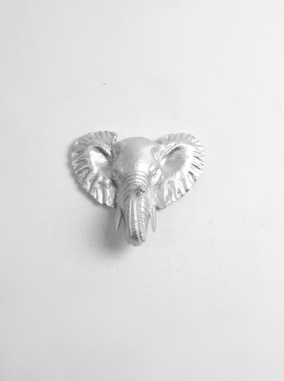 metallic silver-chrome elephant head wall mount, mini