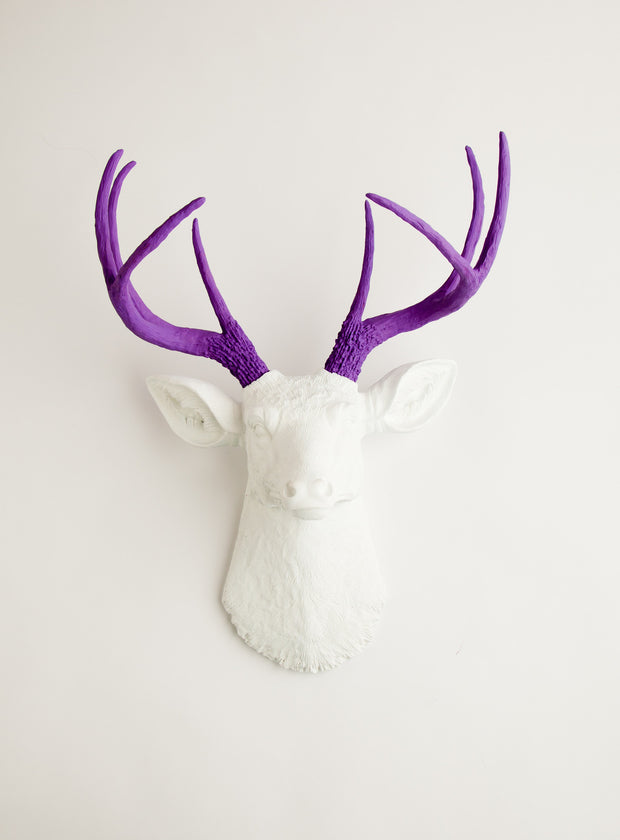 White faux deer head with lavender-purple antlers