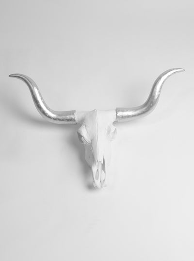 Large Faux Longhorn Cow Skull Decor, White & Silver