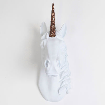 Back in Stock! The Bayer in White & Bronze Glitter | Large Chic Unicorn Decor, Faux Wall Mount