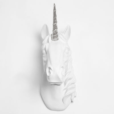 Back in Stock! The Bayer in White & Silver | Large Chic Unicorn Decor, Faux Wall Mount
