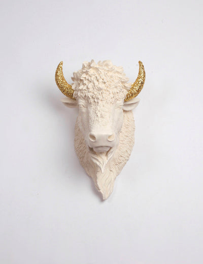 The Kersey | Bison Head | Faux Taxidermy | Antique White Resin w/ Gold Glitter Horns