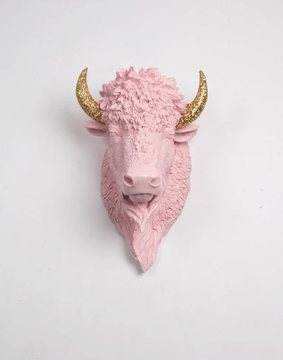 Cameo Pink With Gold Glitter Horns Bison Head Wall Mount, The Amara