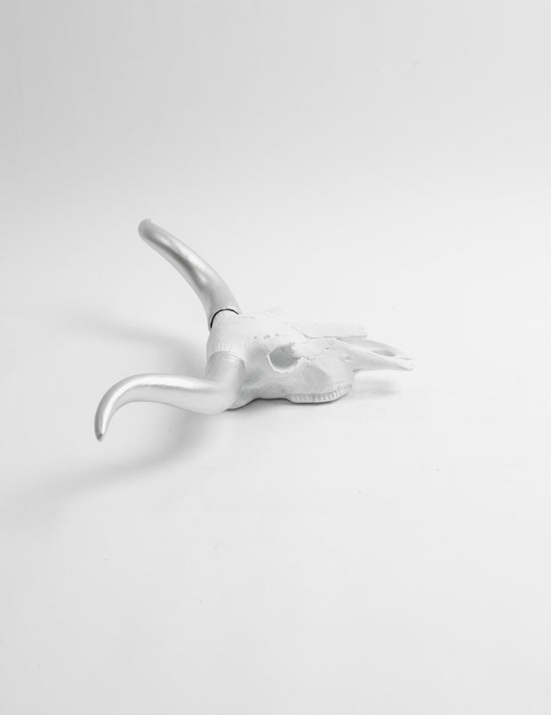 Small Faux Longhorn Cow Skull Decor, White & Silver