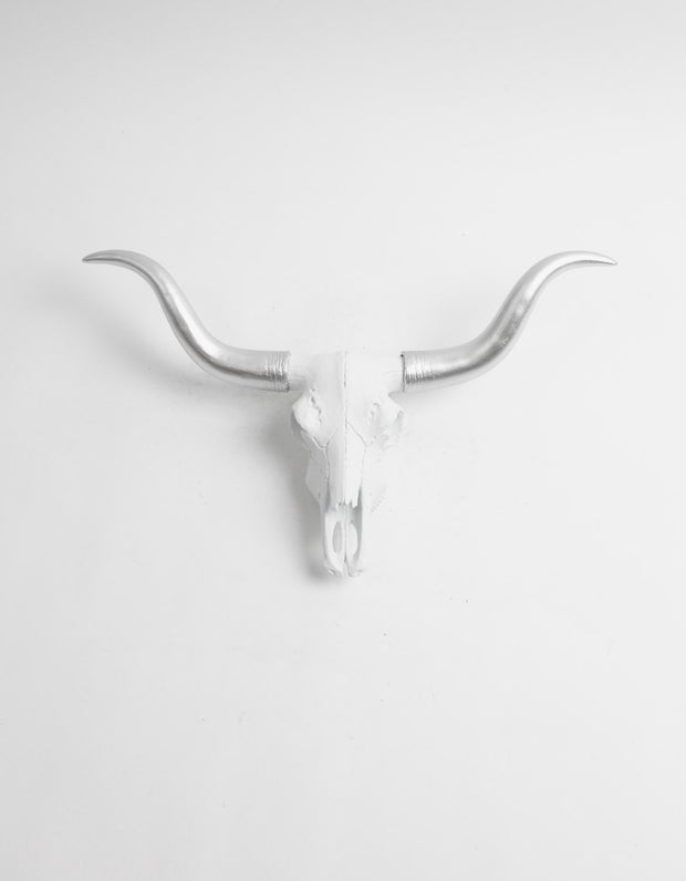 Mini White Longhorn Cow Skull With Metallic Silver Horns