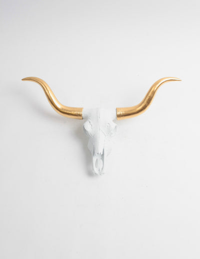 The MINI Savannah- White w/Gold Horns Faux Cow Skull Steer Head Wall Mount