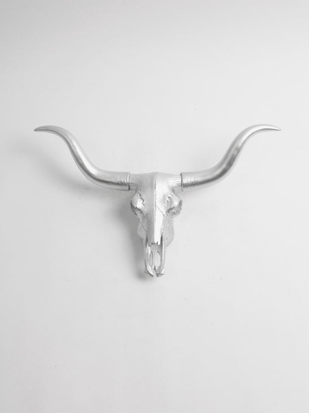 Silver Faux Taxidermy Longhorn Cow Skull
