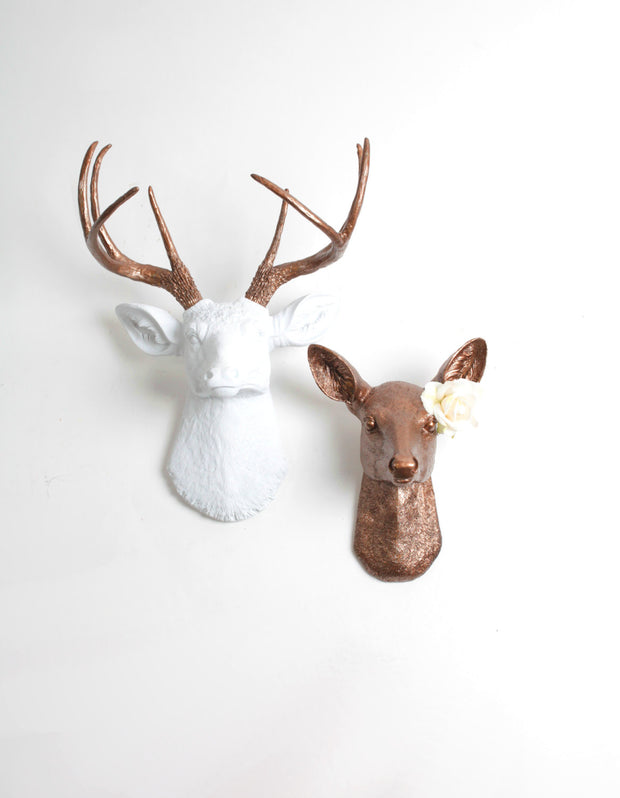 Buck & Doe Set Wall Mount. The Lydia, white deer head with metallic bronze antlers; & Ophelia in bronze (His and Hers bedroom wall set). Note: Rose Not Included.