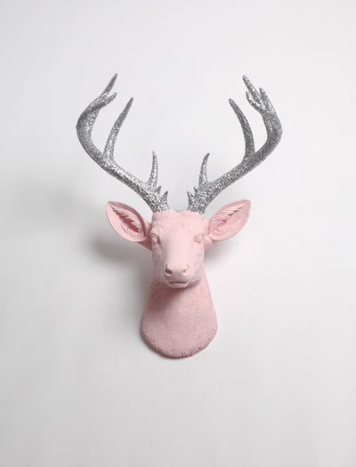 XL Deer Head in Cameo Pink & silver Glitter Wall Mount. Cameo-Pink Resin XL Deer Head Mount, Silver Glitter Antler Decor