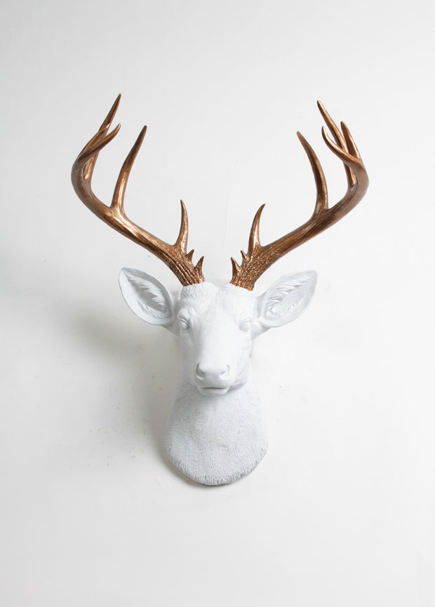 white Resin XL Stag Head Mount, Bronze Antler Decor. Large White Fake Deer Head Hanging with Metallic Bronze Resin Deer Antlers