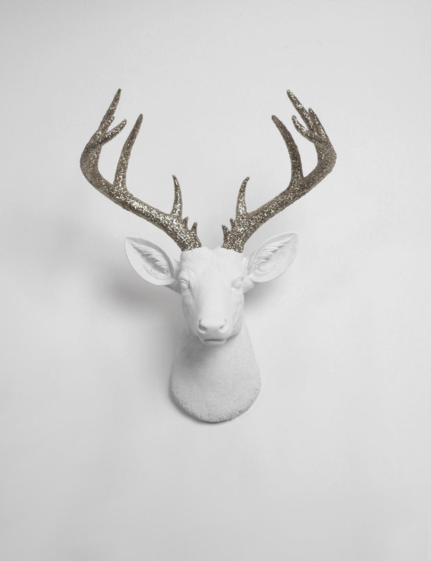 white Resin XL Deer Head Mount, Silver Glitter Antler Decor