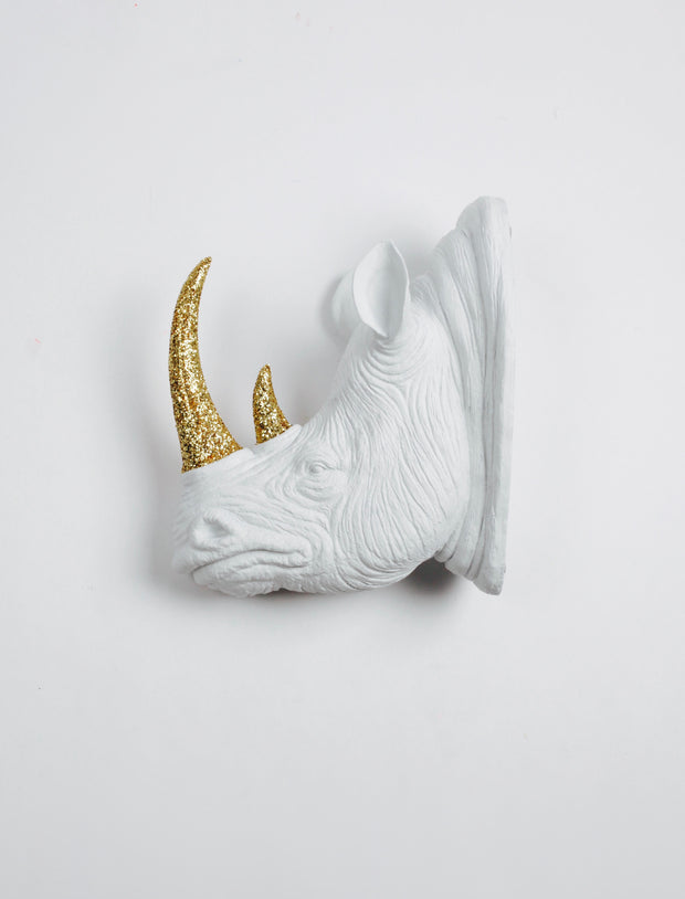 White Rhino Head Wall Mount with Gold-Glitter Horn
