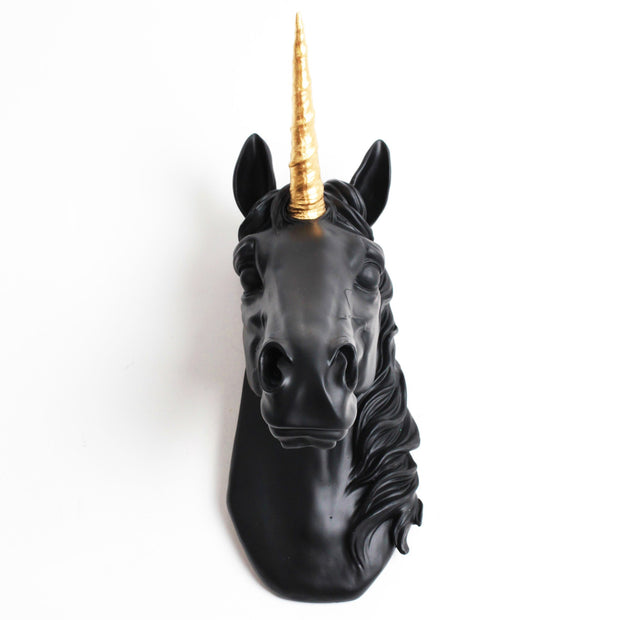 Unicorn Head Wall Mount, 16.25" tall black head with gold horn