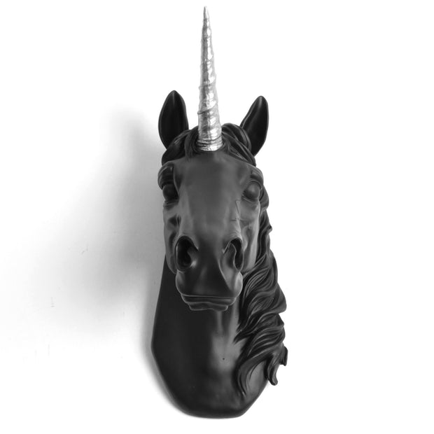 Back in Stock! The Bayer in Black & Silver | Large Chic Unicorn Decor, Faux Wall Mount