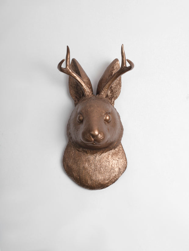 (PRE-SALE) White Faux Taxidermy Jackalope - The Corduroy in Bronze -Faux Jackalope - Brozne Resin Jack rabbit Art - Bunny Mount -Animal Friendly Decor