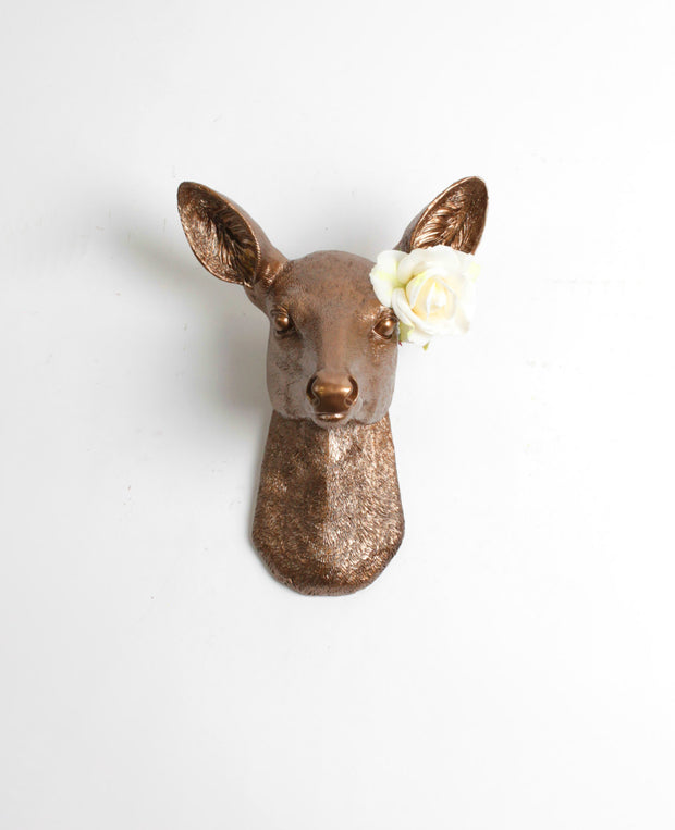 Bronze Resin faux doe deer head without antlers wall sculpture by White Faux Taxidermy