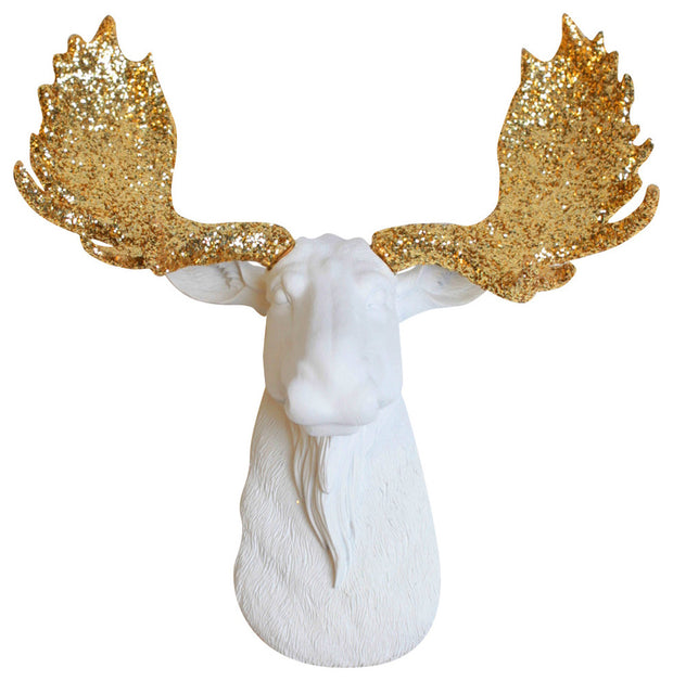 gold glitter resin antlers & mini white moose head wall mount by White Faux Taxidermy
