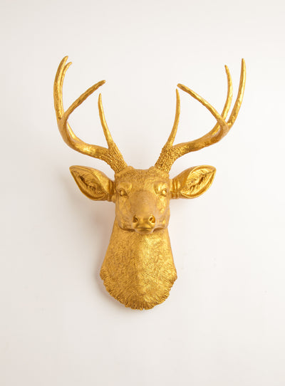 Faux Gold Deer Head Wall Mount. gold deer head wall decor, resin stag sculpture