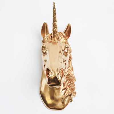Gold Unicorn Head Wall Mount. Fake Taxidermy