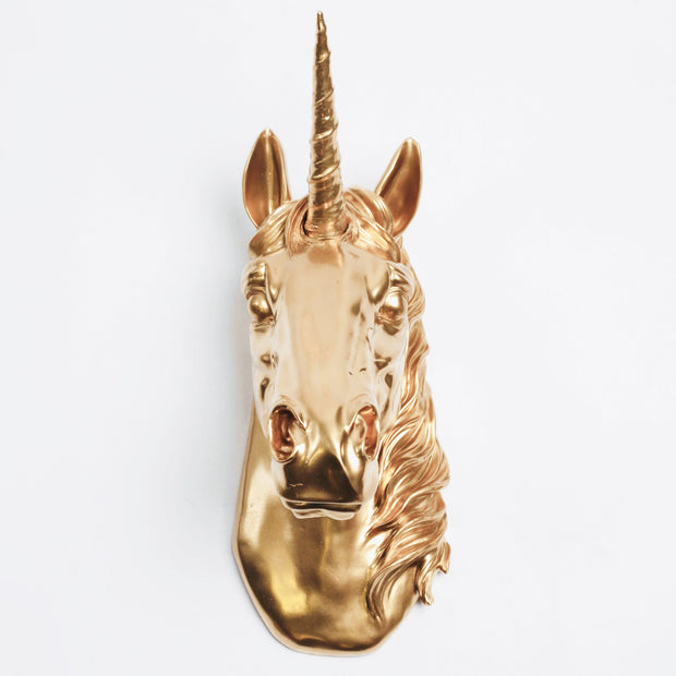 Gold Unicorn Head Wall Mount. Fake Taxidermy