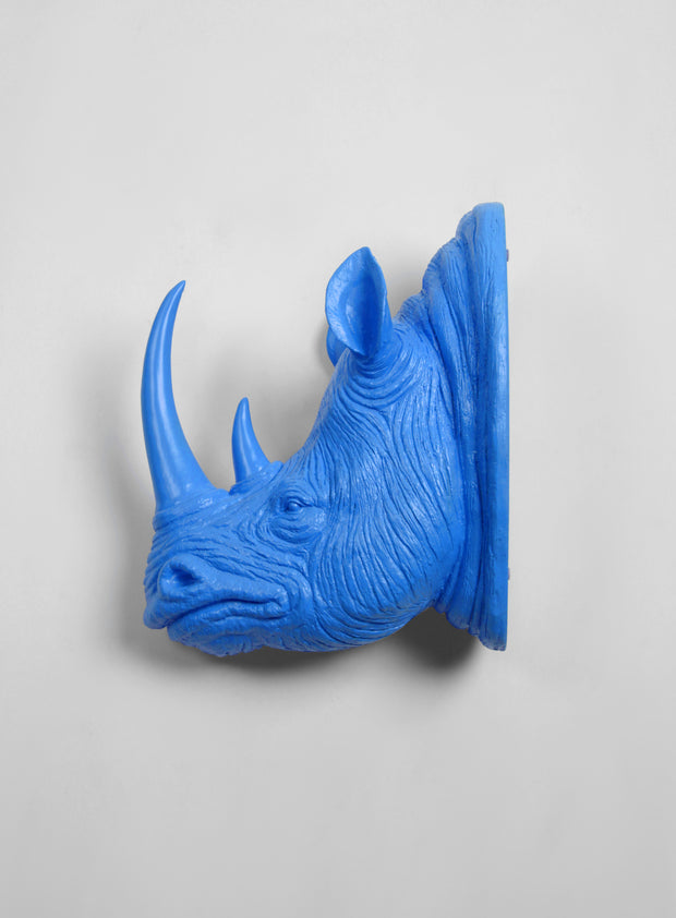 XL Cobalt Resin Rhino Head - The Goliath in Cobalt - White Faux Taxidermy - Faux Taxidermy - Resin Faux Taxidermy- Chic Rhino Sculpture