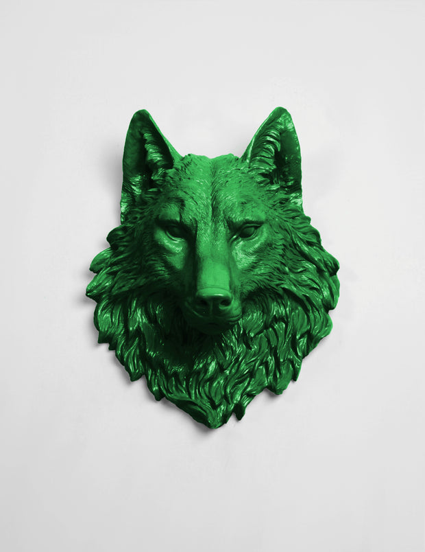 Faux Wolf Head The Lincoln in Kelly Green - Resin Wolf Mount by White Faux Taxidermy - Chic & Trendy Faux Animal Heads