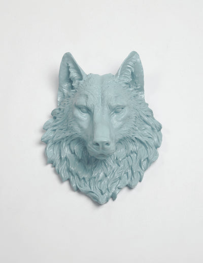 Faux Wolf Head The Lincoln in Powder Blue - Resin Wolf Mount by White Faux Taxidermy - Chic & Trendy Faux Animal Heads