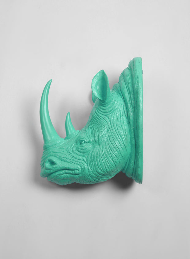 XL Resin Rhino Head - The Goliath in Turquoise - White Faux Taxidermy - Faux Taxidermy - Resin Faux Taxidermy- Chic Rhino Sculpture