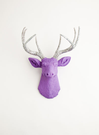 purple deer head with silver glitter antlers wall mount