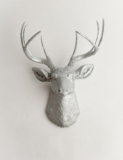 Silver Metallic Wall Art Fake Deer Head, The Hesher. aluminum colored resin faux buck head wall mount 