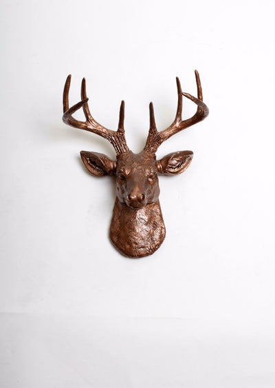 Bronze Mini Stag Head Wall Mount. bronze ceramic-like resin mini mounted deer head sculpture wall decor