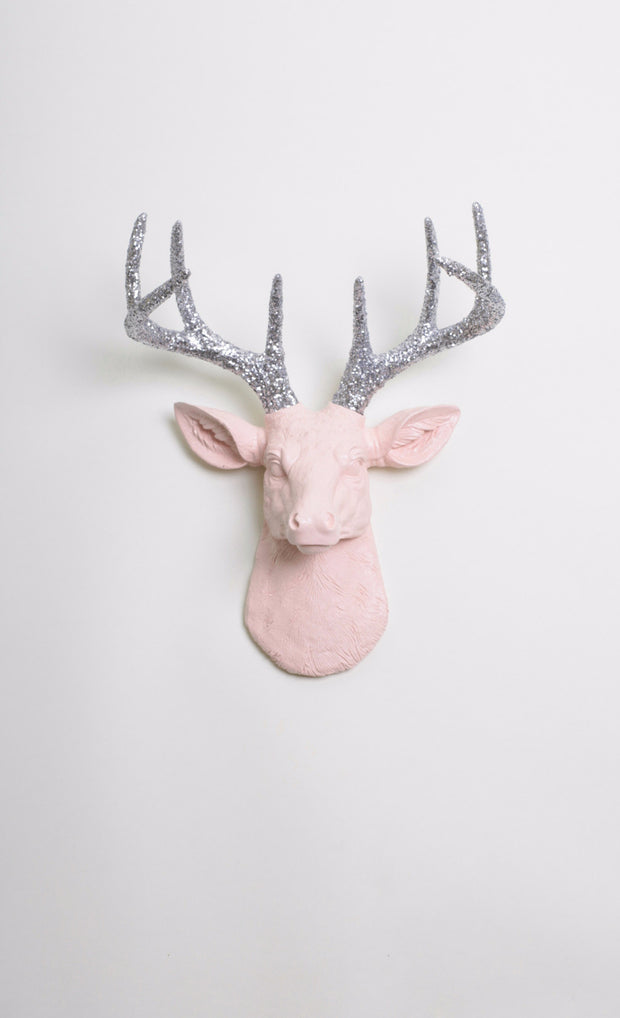 Glitter & Blush Pink Deer Head Wall Mount. mini cameo-pink resin buck head sculpture & silver-glitter antler decor wall hanging 