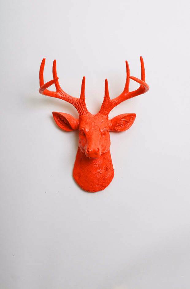 Orange Mini Stag Head Wall Mount. orange ceramic-like resin mini mounted deer head sculpture wall decor