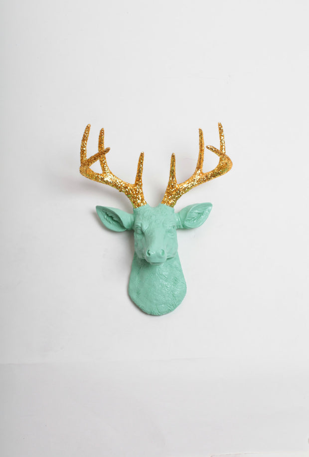 The Mini Arnie, Seafoam-Green Faux Deer Head Wall Mount with gold-glitter antlers