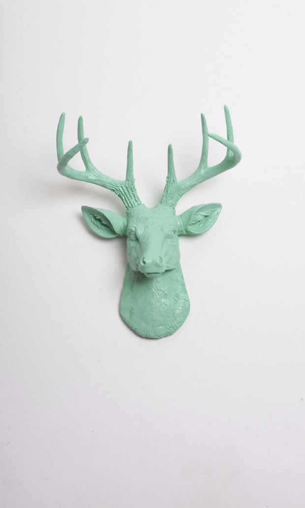 Mini Seafoam Green Deer Head Wall Mount. seafoam green ceramic-like resin mini mounted deer head sculpture wall decor