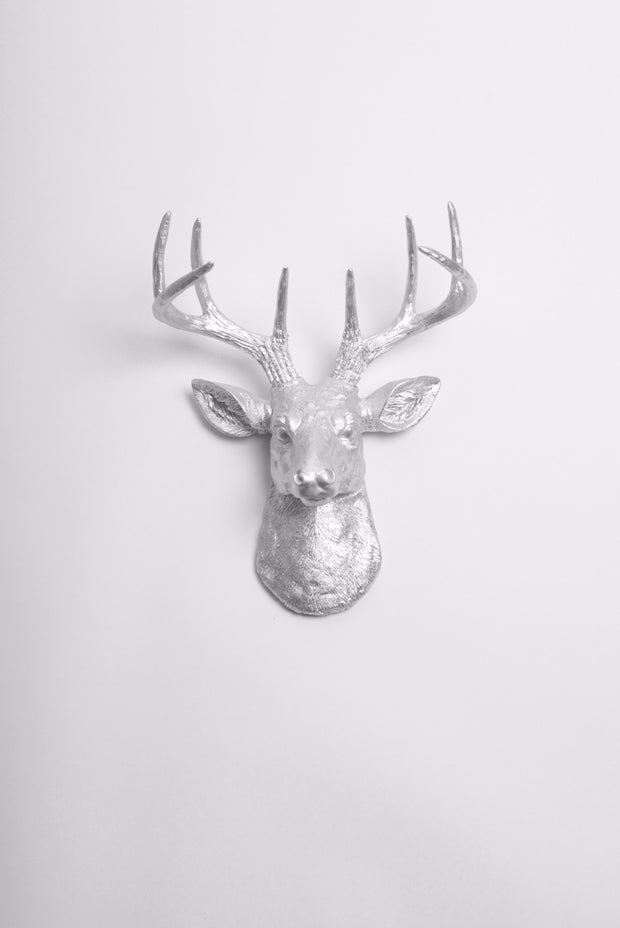 wall mounted stag head silver. metallic aluminum ceramic-like resin mini mounted deer head sculpture wall decor