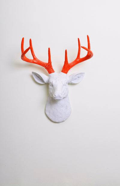 White & Orange Stag Head Wall Mount. mini white resin deer head sculpture & orange antler decor wall hanging 