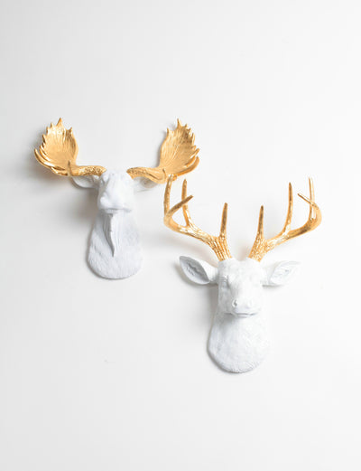 Mini Moose & Deer Wall Decor | White & Gold Moose  and Stag | Mini Wall Art Gift Set